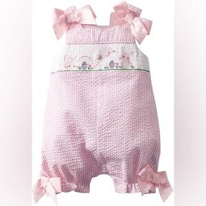 Pink Striped Baby Girl Easter Romper with Bows and Bunny Rabbits by Mudpie
